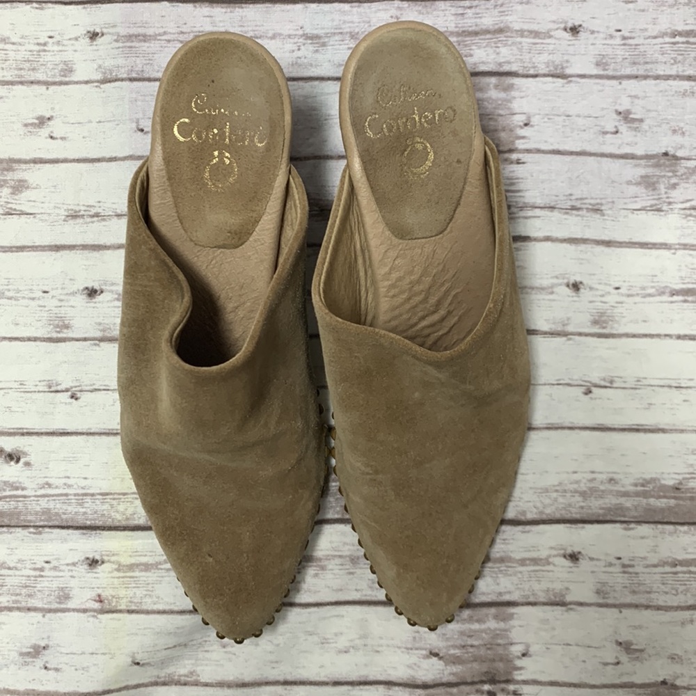 Carlleen Cordero Tan Suede Leather Slip On Block Mid Heels Studs Slip On Clogs - Picture 4 of 10